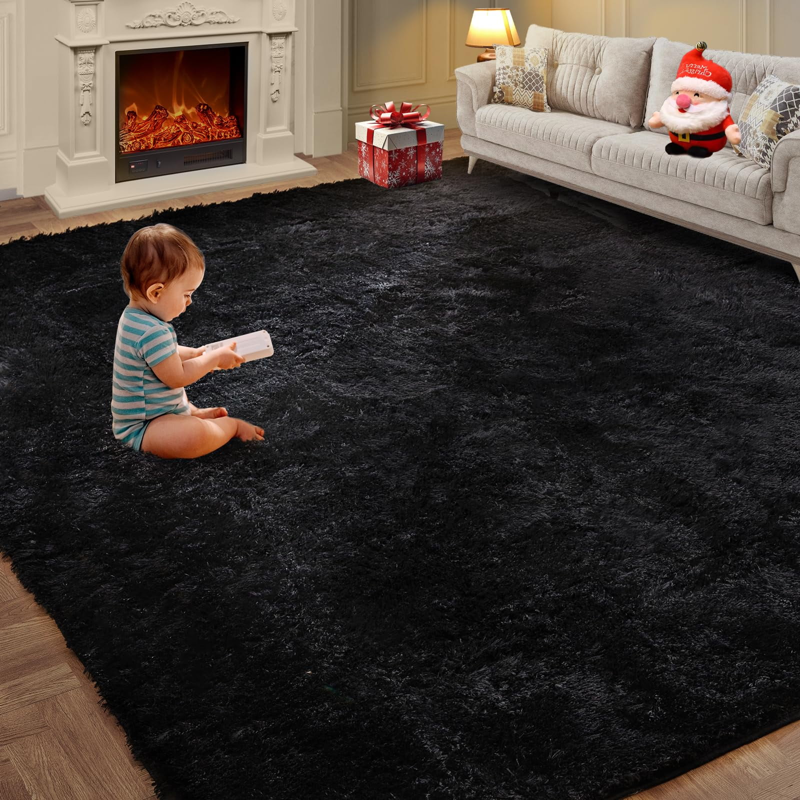 Alfombra Shag Knze Fuzzy De 9 X 12 Pies, Negra, Para Sala De Estar O Dormitorio
