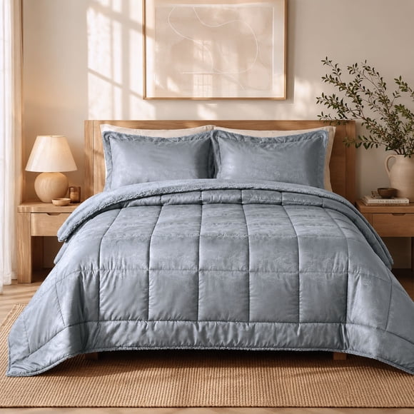 CUBRECAMA MARTINÉ MICROFIBRA EMBOSSED SONYA CON SHERPA 2.5 PLAZAS GRIS – 260 X 250 CM