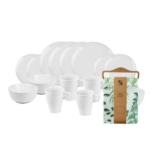 Decoexpress - Set Juego De Loza Cerámica 16 Piezas Vajilla Blanca Y Mantel Antimanchas Botanico 130X180 Blanco