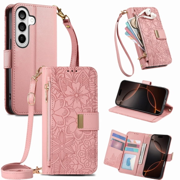 Funda tipo cartera de piel sintética FOXDOCK para Samsung Galaxy S26 Pro – Resistente a golpes y a las interferencias RFID – Correa de mano larga rosa