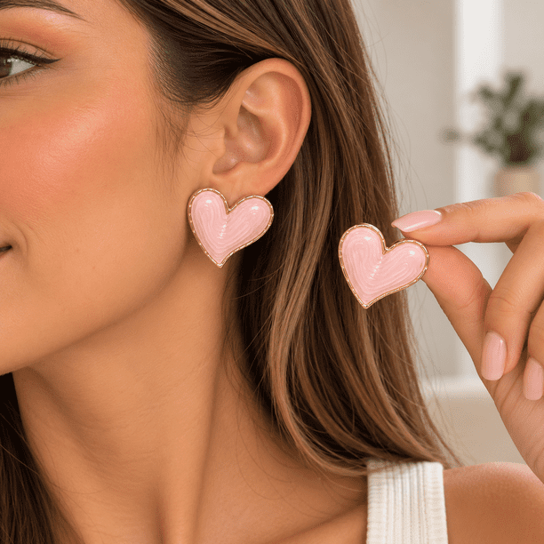 Aros Corazón Xl Borde Dorado Estilo Chunky rosa Talla Única