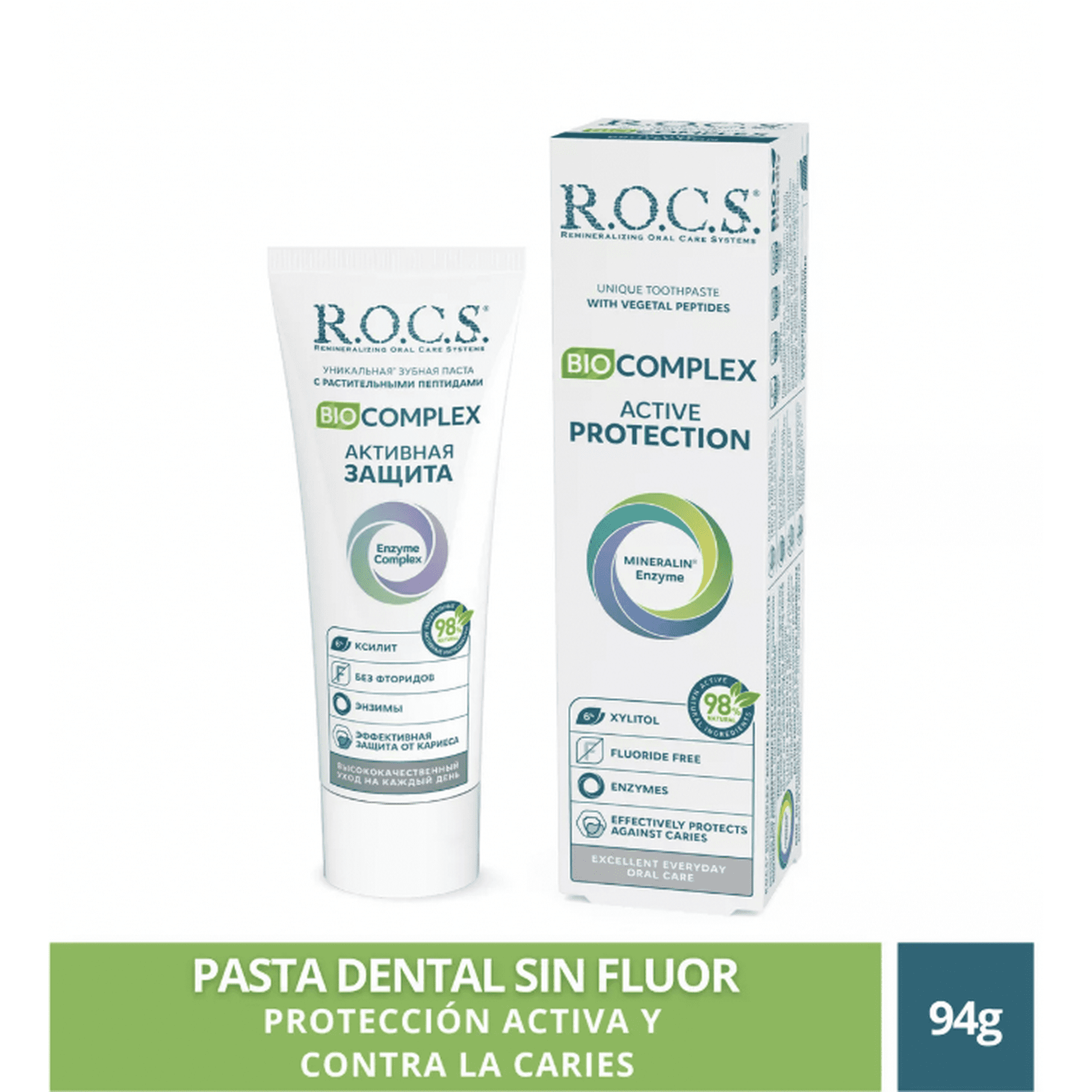 Pasta Dental Sin Fluor Rocs Biocomplex 94g Protección Activa