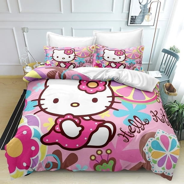 Sanrio Hello Kitty Bedding Set 3 Piece Full Size Printed Soft Polyester Bedding Set Girls Bedroom Decorations Gifts for Kids Bed Sheets