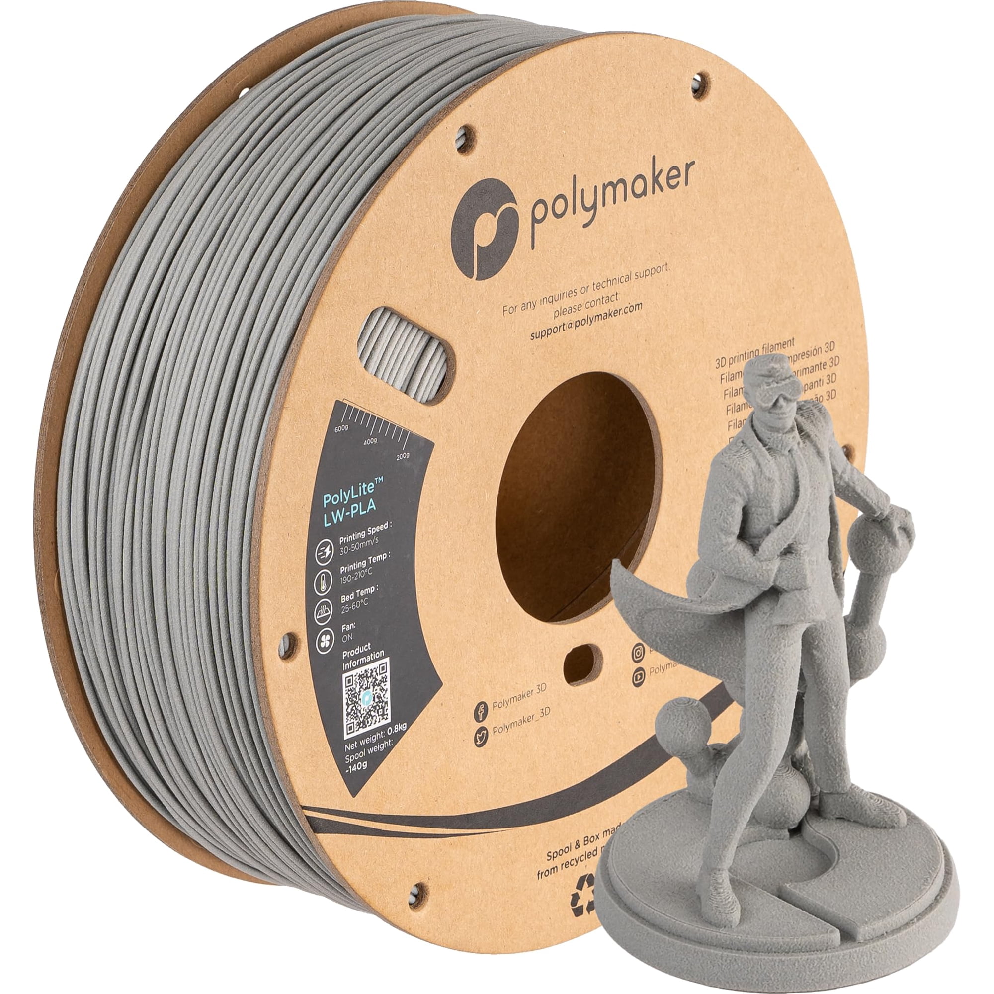 Polymaker - Filamento Para Impresora 3d Polylite Lw Pla Gris 0 8 Kg