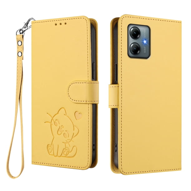 Motorola MOTO G Play 2025 Funda Billetera con Estampado de Gato, Amarillo
