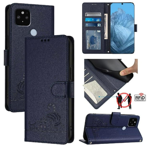 Funda tipo cartera FOXDOCK para Google pixel 4A 5G con soporte, ranuras, RFID, diseño de gato