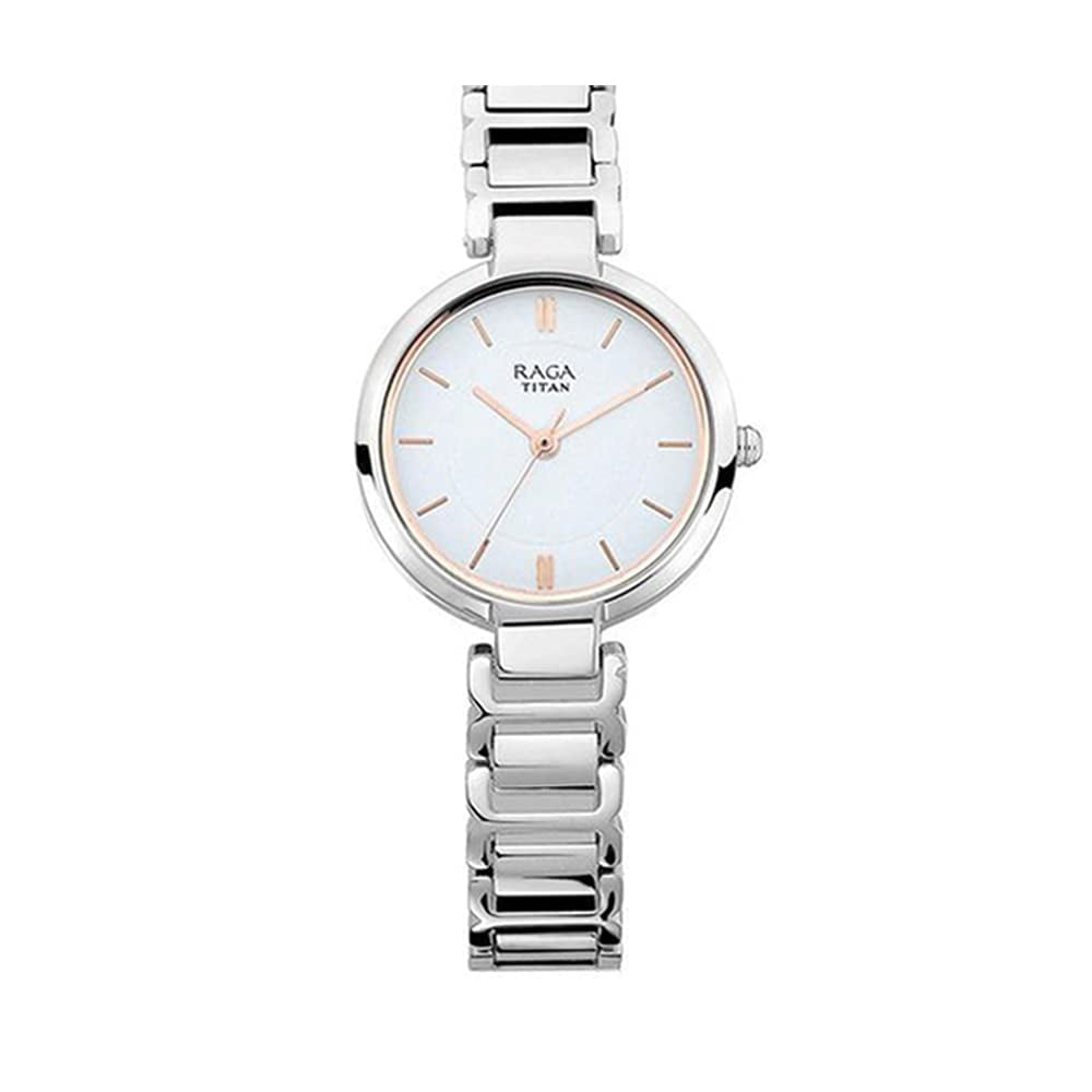 Reloj Titan Raga Con Esfera Blanca Y Correa Metálica Plateada Para Mujer
