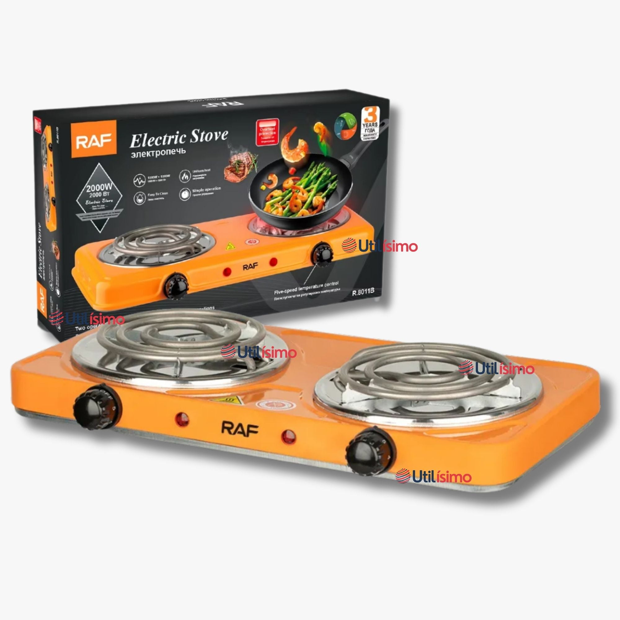 Raf - Cocina Electrica Doble Plato Naranja 2000w De Potencia