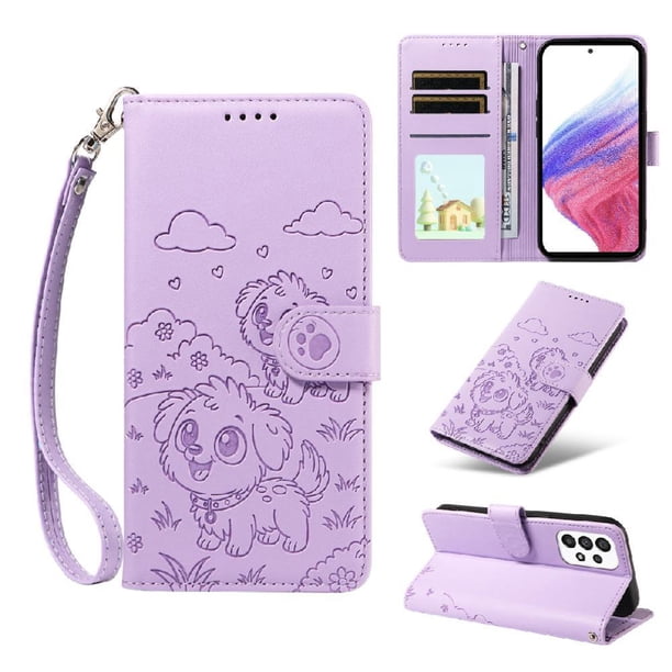 Funda Cartera para Samsung Galaxy A53 5G Perro Cachorro Grabado con Tarjetas Soporte Correa Morado
