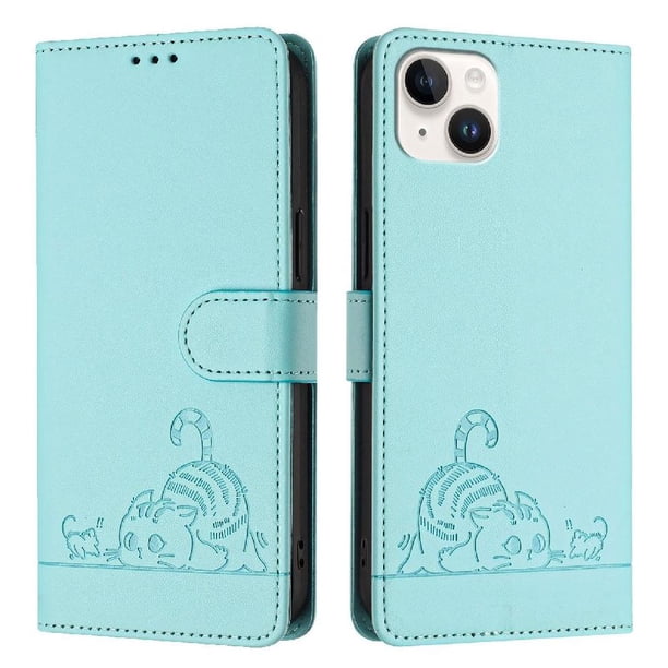 Funda tipo cartera FOXDOCK para iPhone 15 Plus con soporte, ranuras, RFID, diseño de gato