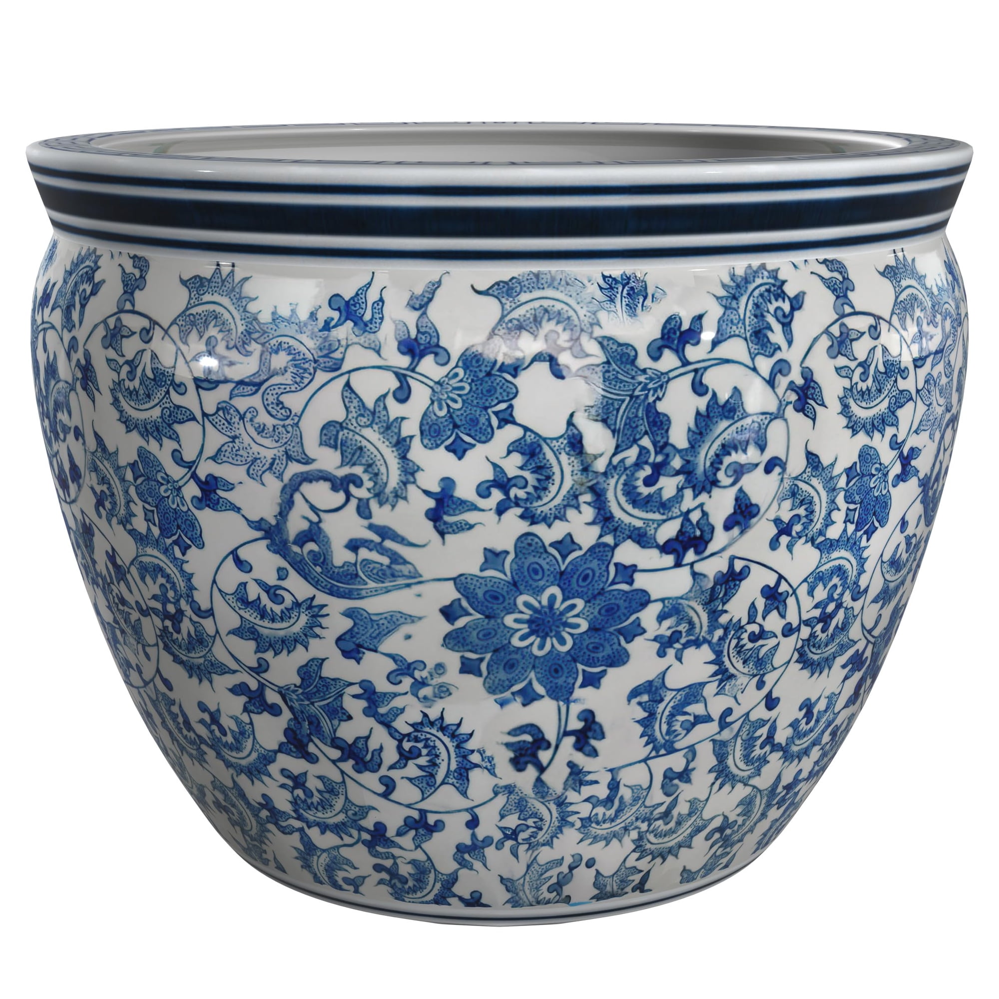 Maceta Red Lantern 14 De Porcelana Azul Y Blanca Con Estampado Floral