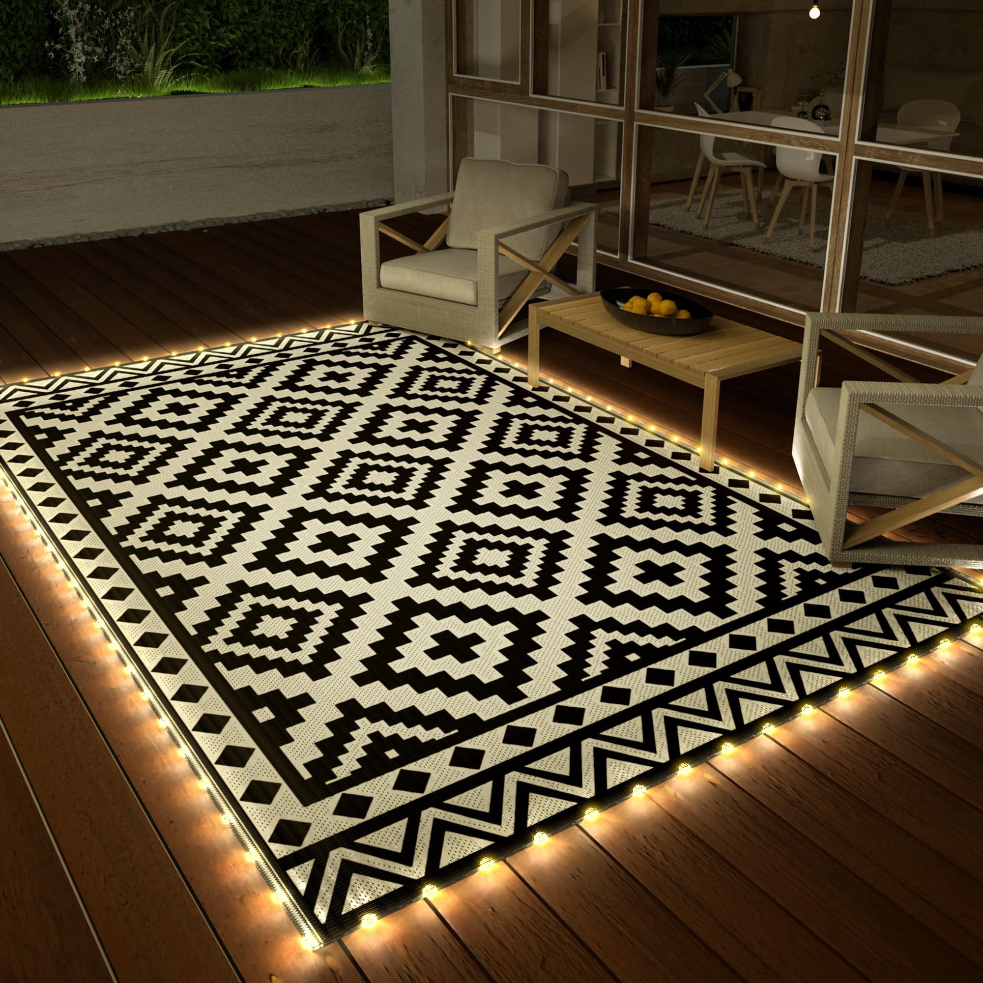 Alfombra De Exterior Haushof Impermeable De 150 X 240 Cm Con Tira De Luz Led