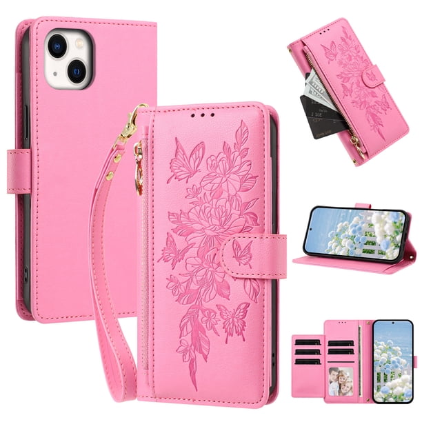 Funda Billetera Floral en Relieve iphone15 plus con Tarjetero y Cremallera Rosa