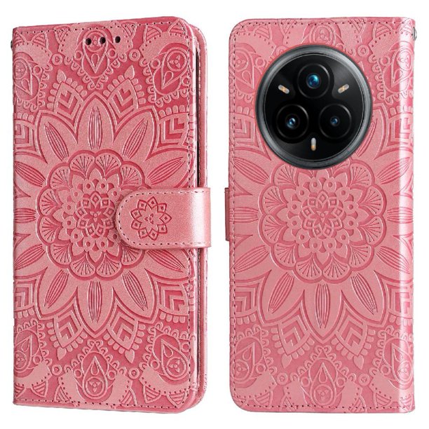 Funda tipo cartera FOXDOCK para Realme 14 Pro Plus , diseño girasol en relieve, cuero PU, cierre magnético, soporte y tarjetero