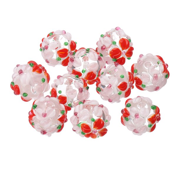 Uxcell 10 piezas de cuentas de vidrio hechas a mano con relieve, cuentas espaciadoras sueltas de vidrio de 14 mm con flor para bricolaje, blanco rojo