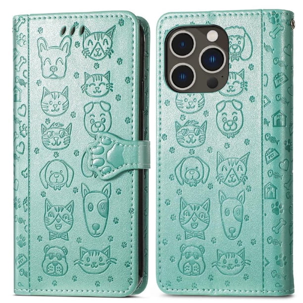 Funda Cartera FOXDOCK para iPhone 14 Pro , Flip PU con Relieve de Gatos y Perros, Tarjetero y Soporte