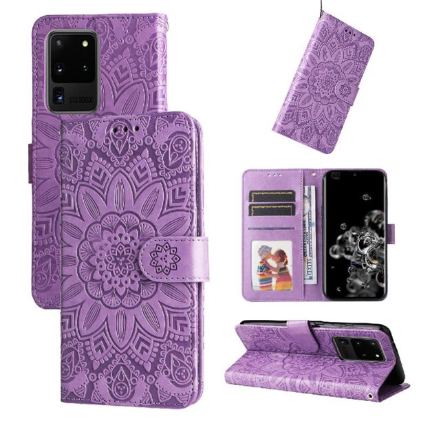 Funda tipo cartera FOXDOCK para Samsung Galaxy S20 Ultra , diseño girasol en relieve, cuero PU, cierre magnético, soporte y tarjetero
