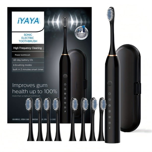 Black Series Ultra Whitening Toothbrush - 8 Brush Heads & USB Rechargeable Ultrasonic Tooth Brush – 420000 VPM Electric Motor & Travel Case - 6 Modes W Smart Time