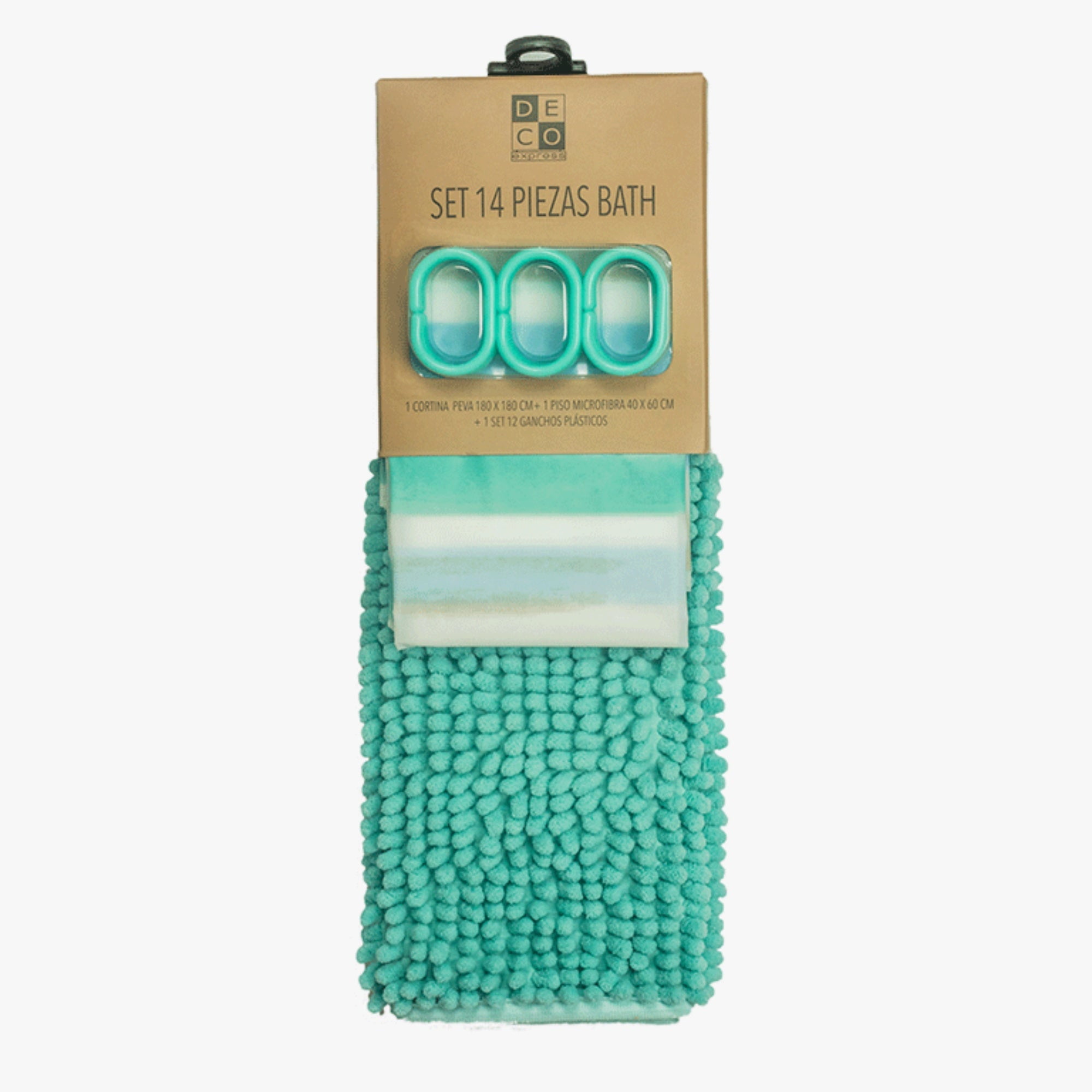 Decoexpress - Cortina De Baño 180x180 Impermeable + 12 Ganchos Y Piso De Baño Aqua