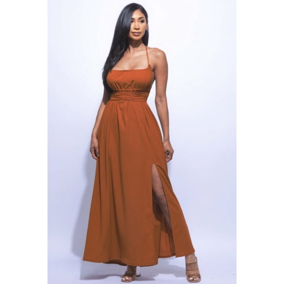 Vestido Largo Con Tirantes Finos Espalda Abierta Abertura Lateral Ajustable Y Lazo En La Espalda Color Moca (para Mujer)