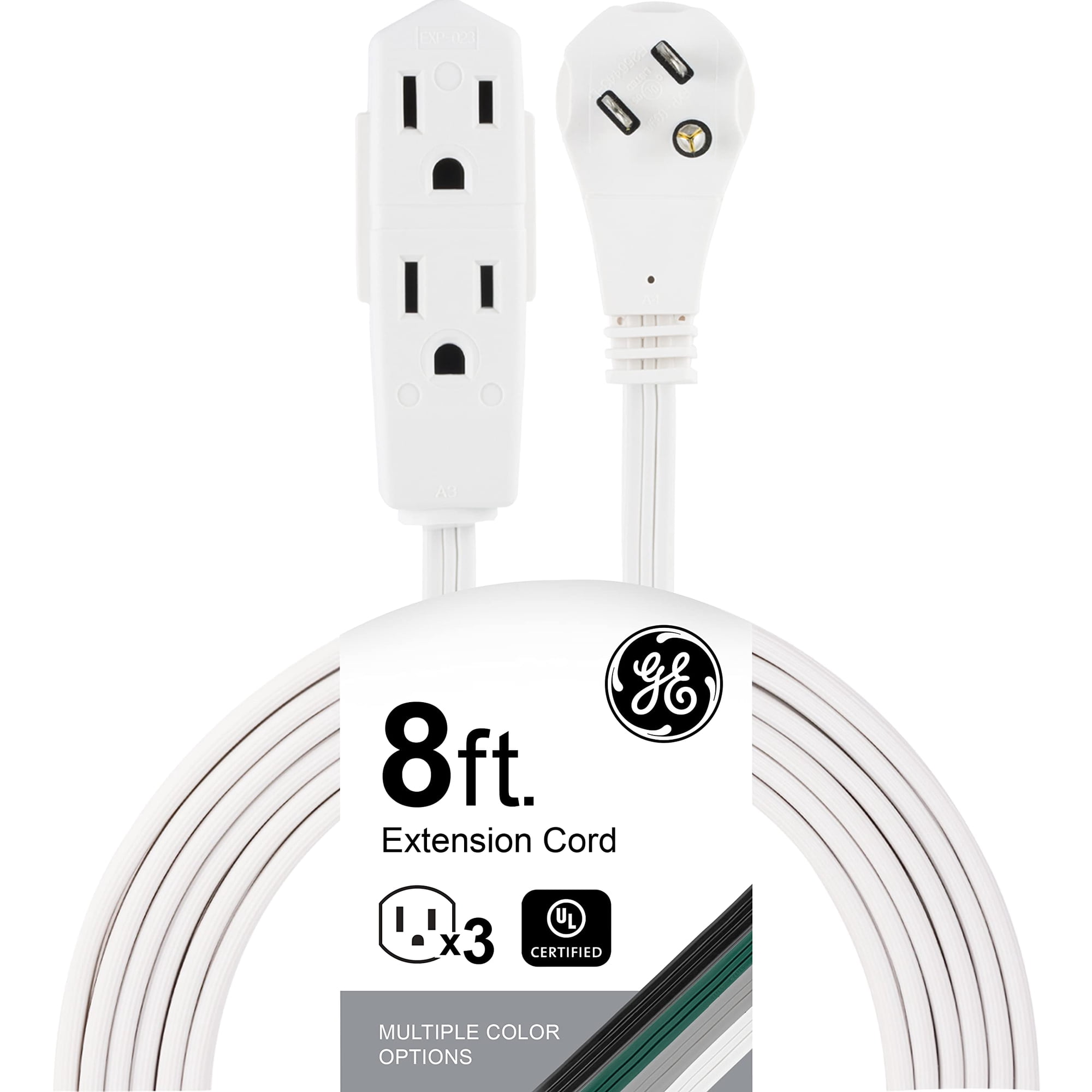 Cable De Extensión Ge De 3 Salidas, 2,4 M, Con Regleta De Alimentación De Enchufe Plano, Blanco