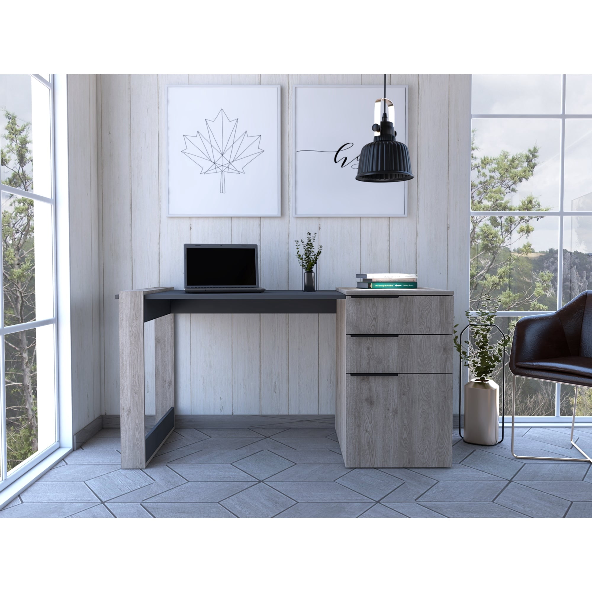 Tuhome - Escritorio Recto 2 Cajones 1 Puerta Office Ceniza Y Plomo