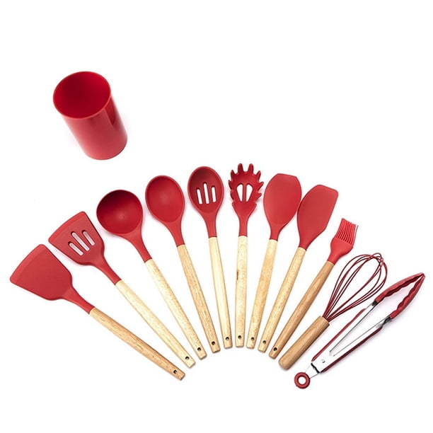 Utensilios de cocina de silicona, 12 piezas, sartén antiadherente, utensilios de cocina, espátula con mango de madera, cuchara sopera, raspador, traje