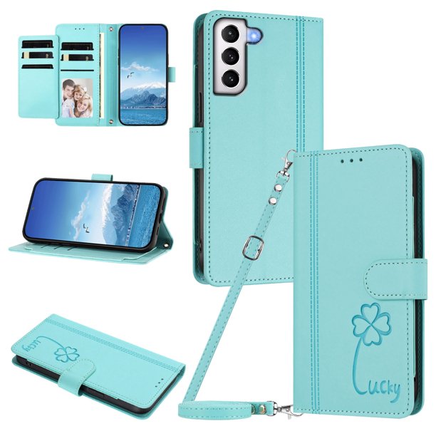 Funda Cartera Trébol para Samsung Galaxy S21 con Ranuras Tarjetas y Carga Inalámbrica Verde menta