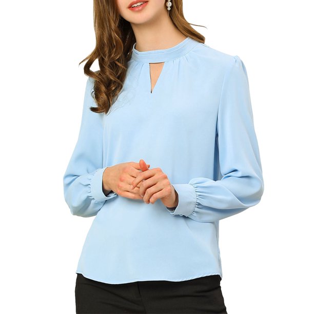 INSPIRE CHIC Blusa de Mujer con Cuello Alto, Pliegues, Botón de Ojal, Talla 2XL, Azul Claro