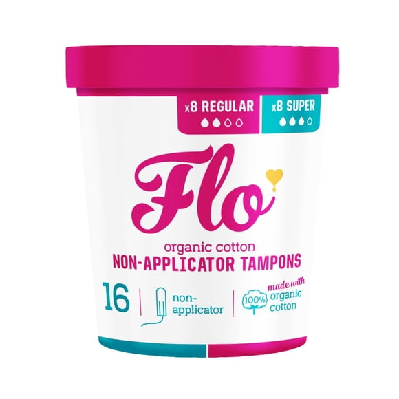 Tampones FLO de algodón orgánico sin aplicador 8 Regular + 8 Super
