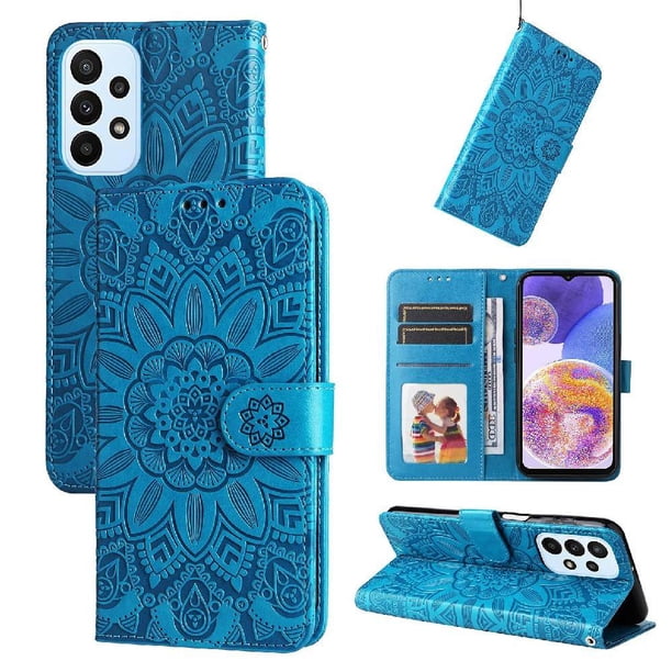 Funda tipo cartera FOXDOCK para Samsung Galaxy A23 4G/5G , diseño girasol en relieve, cuero PU, cierre magnético, soporte y tarjetero