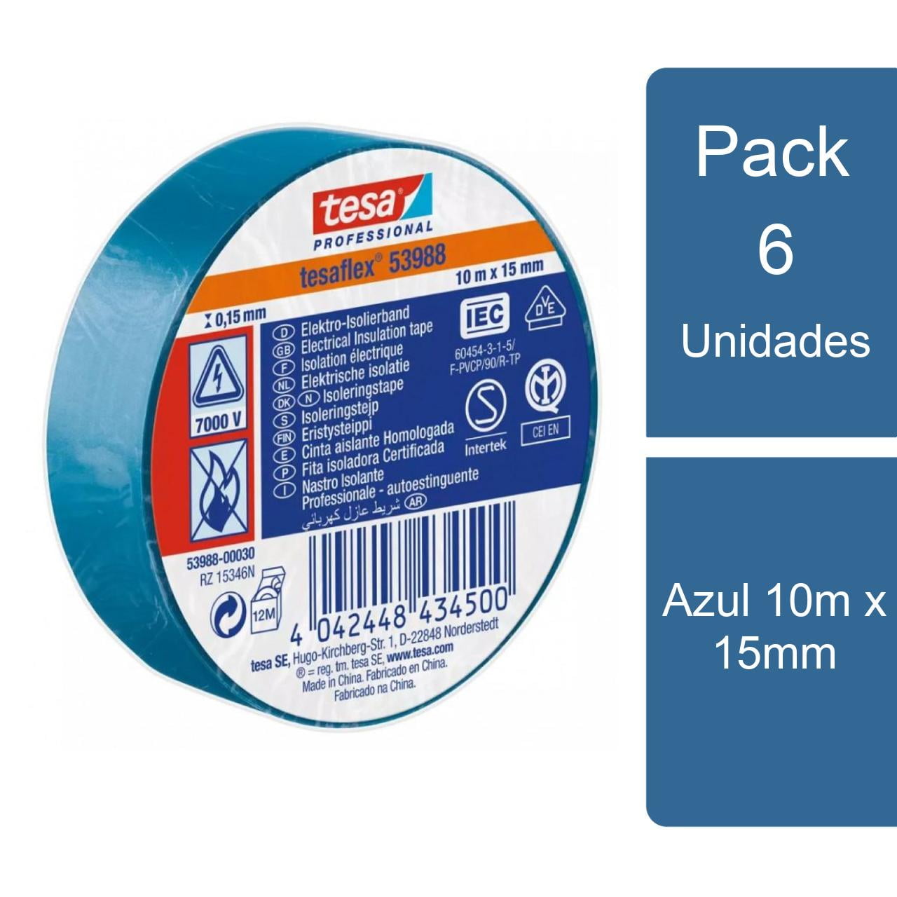Pack 6 Tesaflex Cintas Aisladora Eléctrica Profesional Azul 10m X 15mm