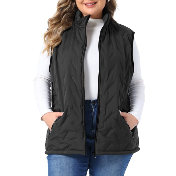 Chaleco acolchado sin mangas con cremallera y cuello alto para mujer de talla grande Agnes Orinda, ligero, cálido, casual, con bolsillos, L Negro