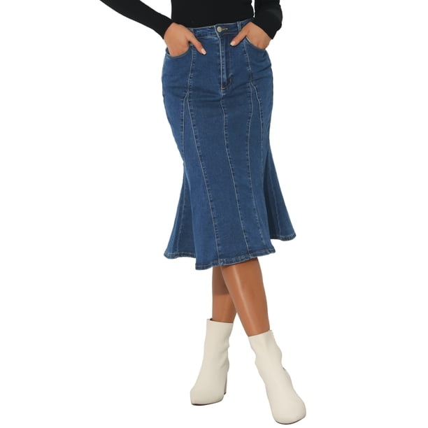 INSPIRE CHIC Falda de Mujer Vuelta al Cole Fishtail Bodycon de Cintura Alta Midi Jean Denim Falda Azul Oscuro M