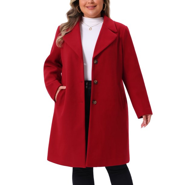 Abrigos para Mujer de Talla Grande Agnes Orinda, Manga Larga, Solapa con Botón Único, Abrigo de Otoño e Invierno 3X Rojo Vino