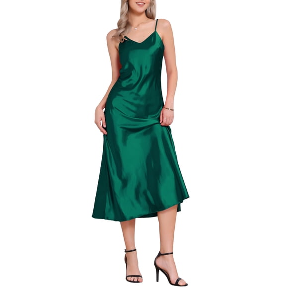 CURVOSPORT Vestido de Satén para Mujer con Tirantes Espagueti, Escote en V, Elegante Vestido Largo de Tirantes M Verde Oscuro
