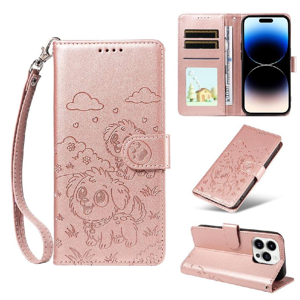 Foxdock - Funda Cartera Para Iphone 14 Pro Max Perro Cachorro Grabado Con Tarjetas Soporte Correa Rosa