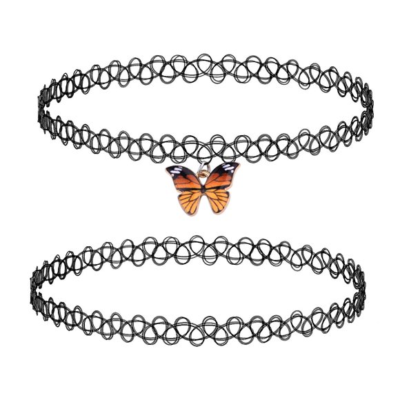 Collar BodyJ4You 2 piezas Gargantilla de tatuaje con colgante de mariposa