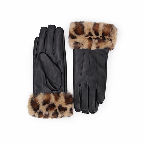 Guantes Mujer Cuerina Animal Print Con Puño Peludo Invierno negro Talla Única