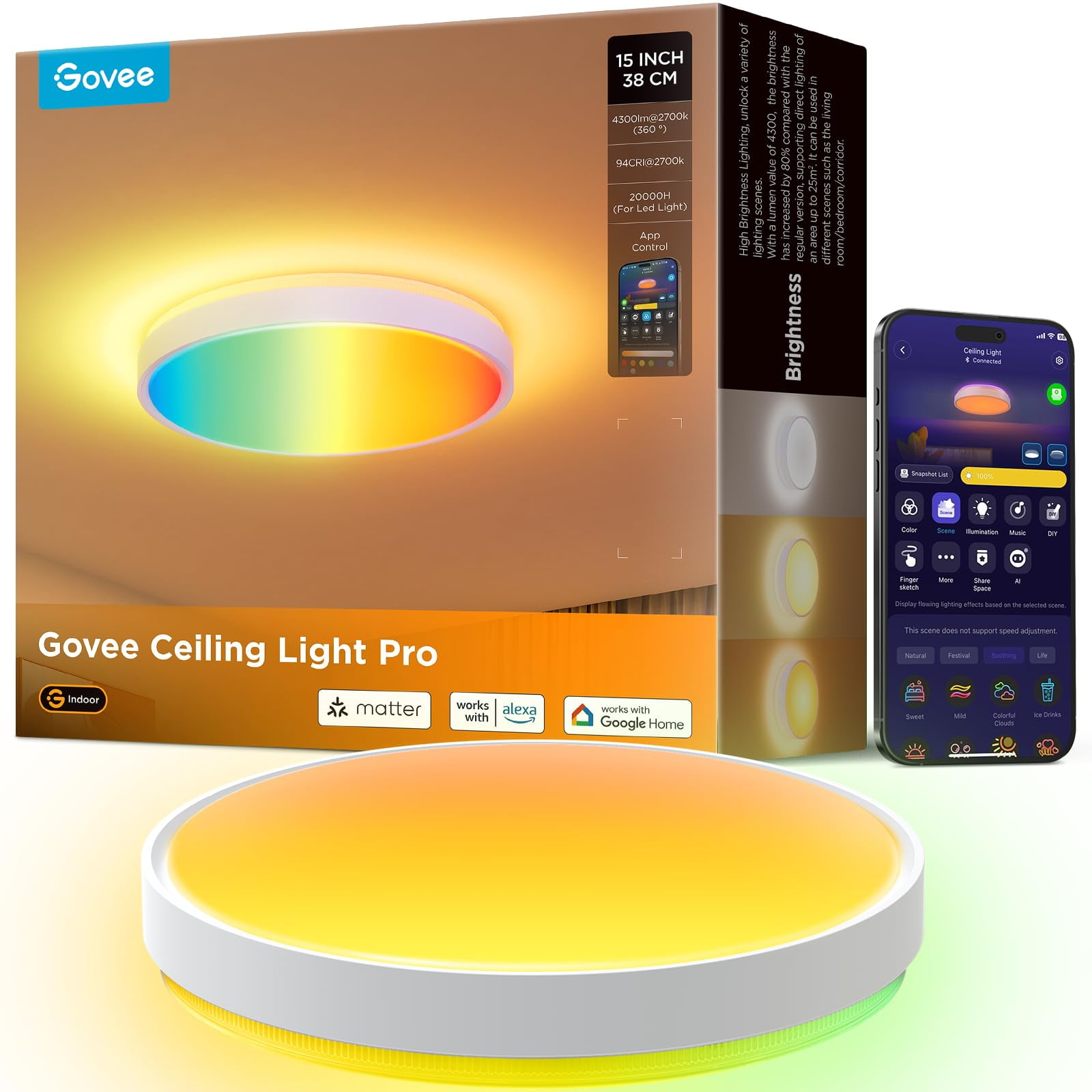 Lámpara De Techo Govee Smart 4300lm Rgbic Led De 15 Pulgadas, Paquete De 1 Unidad