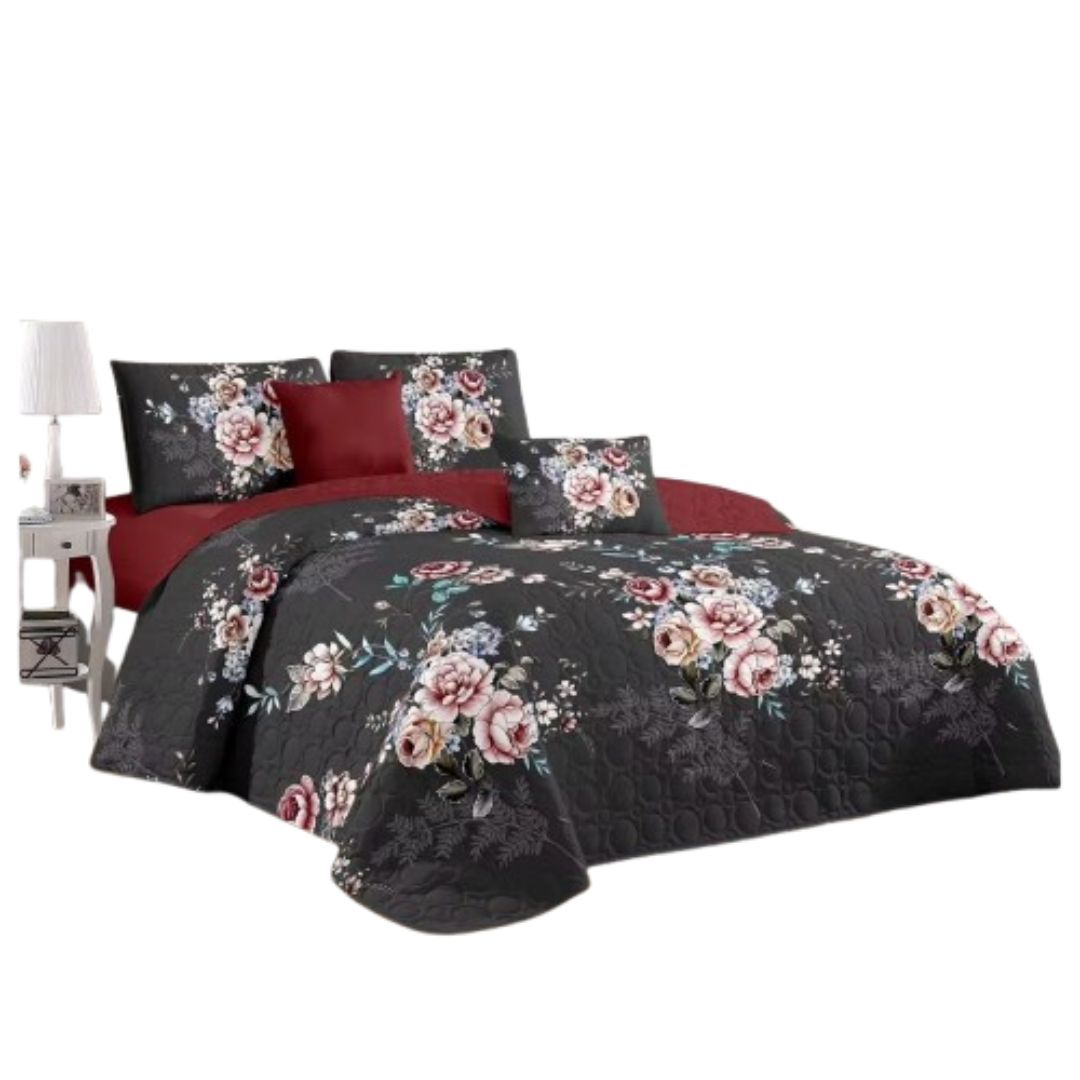 Genérico - Cubrecama Quilt Verano 2 Plazas - Negro Rosas Kfl633