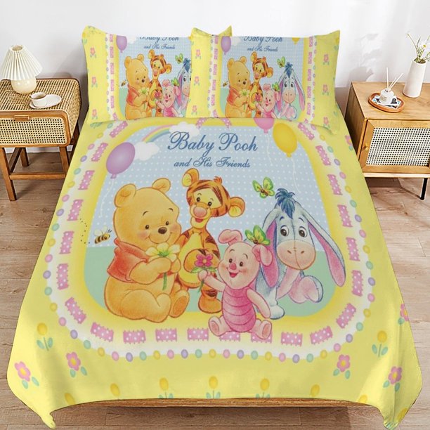 Winnie The Pooh Bed Duvet Cover Microfiber Bedding Sets 3D Printed Lightweight 3 Piece Comforter Sets for Kids Boys Girls