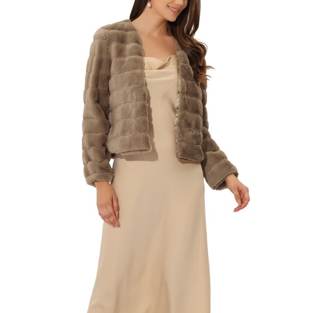 INSPIRE CHIC Chaqueta de Mujer de Piel Sintética de Manga Larga Recortada Abrigo de Invierno Esponjoso - Elegante y Cómodo L Caqui