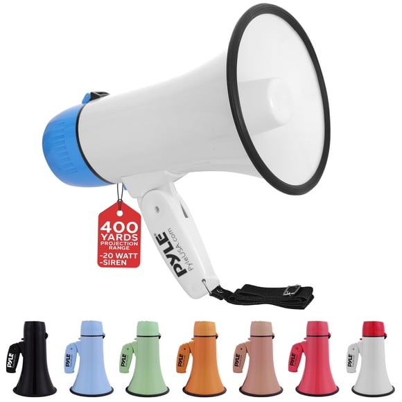 Megáfono Pyle portátil de 20 W con entrada auxiliar y sirena, color blanco-azul