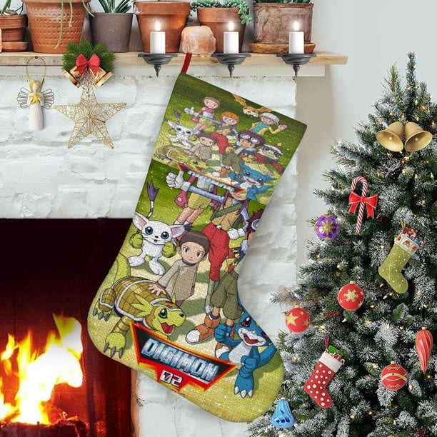 Digital Monster Tema: Calcetines de Navidad, fino lino blanco para colgar en escaleras y chimenea, decoración navideña para el hogar, regalo de Navidad. 45cm × 32cm