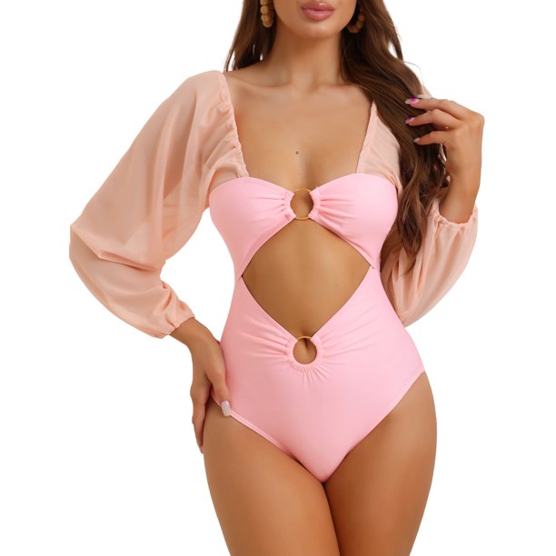 INSPIRE CHIC Traje de baño de una pieza para mujer con mangas largas, escote pronunciado, panel de malla, control de abdomen y corte alto para playa, color rosa, talla extra grande