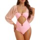 thumbnail image 1 of INSPIRE CHIC Traje de baño de una pieza para mujer con mangas largas, escote pronunciado, panel de malla, control de abdomen y corte alto para playa, color rosa, talla extra grande, 1 of 5