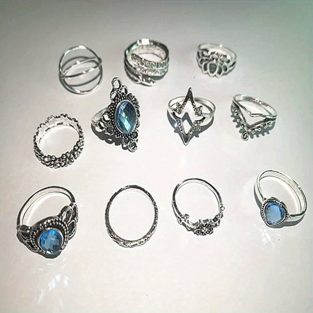 Boho Style Vintage Carved Starry Gemstone Rings - 11pcs Combo Set for Women and Girls