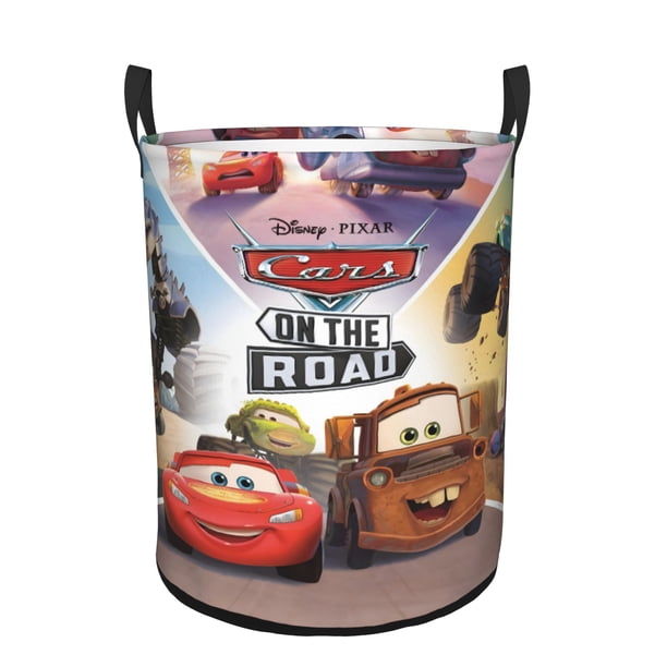 Cars: Aventuras en el Camino Cesta de lavandería de gran capacidad redonda con asa, bolsa para ropa sucia plegable, almacenamiento para dormitorio, baño y lavadero 44x35 cm