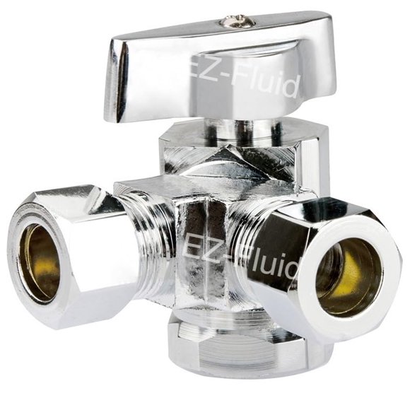 Válvula de cierre angular EZ-Fluid de doble salida, 1/4 de vuelta, cromada de latón